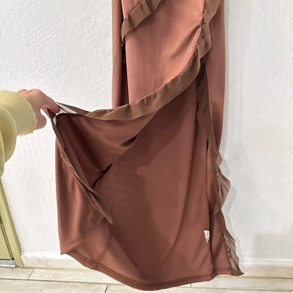 Chocolate Brown Ruffle Bodycon Tank Midi Side Slit Dress Small - Picture 4 of 5